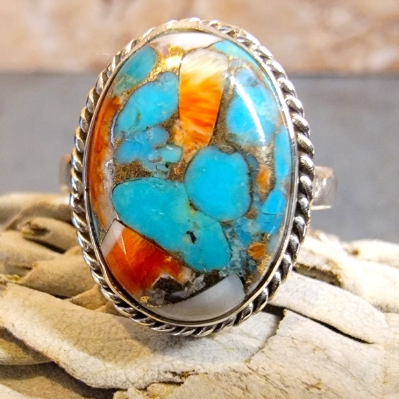 Vintage Jewelry - Native Mohave Mountain Oyster Copper Turquoise Gemstone Ring 5.5 Sterling Silver